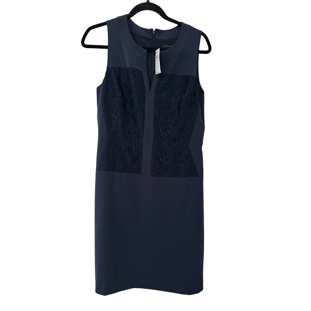 Ann Taylor Navy Blue Lace Panel Sleeveless Sheath Dress Size 6 Career Cocktail